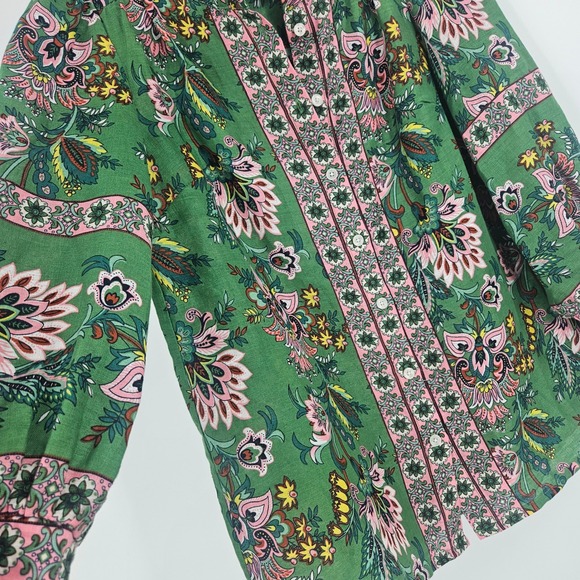 Boden Alicia Peasant Blouse Green Floral Paisley Linen Blend Puff Sleeve Size 2 - Picture 7 of 10